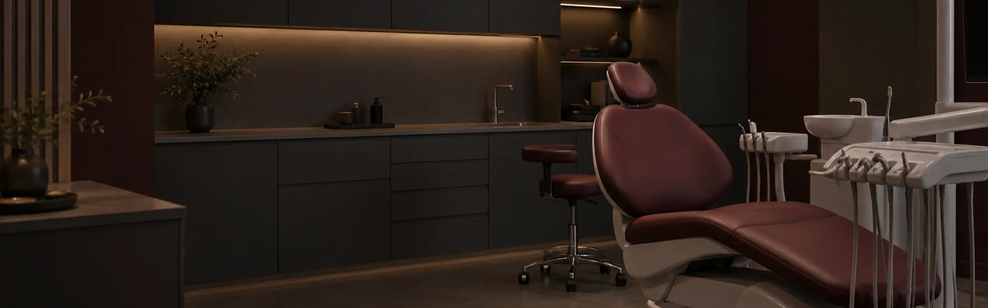 Gabinete dental con sillón y mobiliario en tonos oscuros