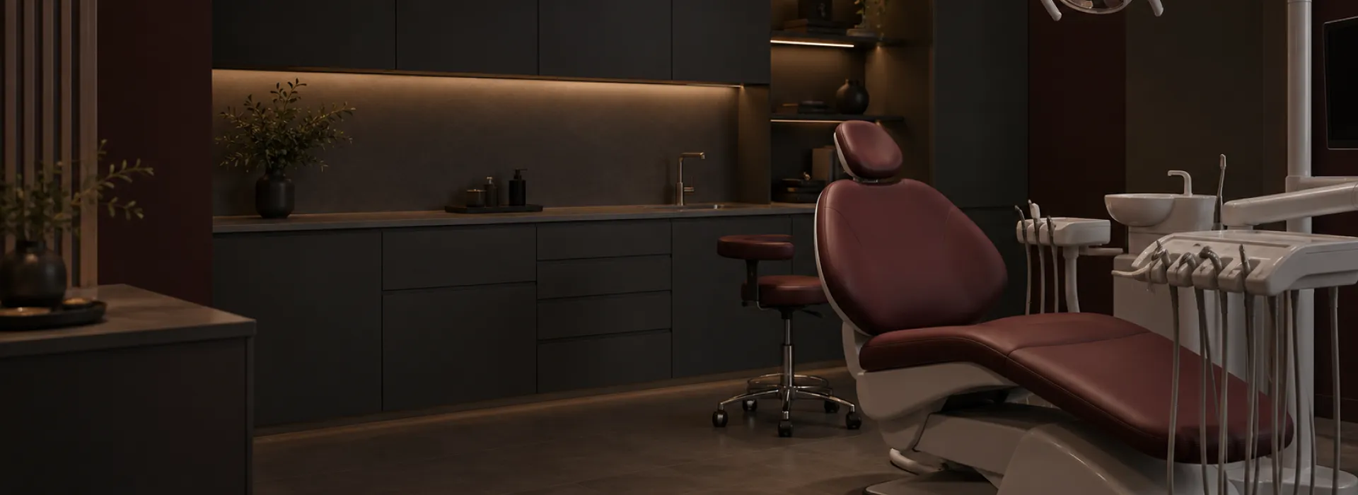 Gabinete dental con sillón y mobiliario en tonos oscuros