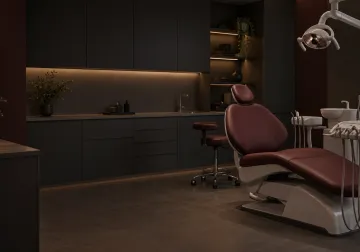 Gabinete dental con sillón y mobiliario en tonos oscuros